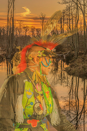 Native American figure in traditional regalia blended with sunset swamp landscape and reflections, symbolizing unity with nature