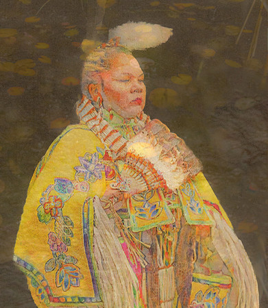 Native American woman in yellow floral regalia standing beside still water in a layered fine art photomontage symbolizing memory, cultural heritage, and the enduring connection between people and the