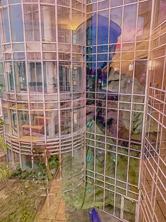 Photomontage self-portrait layered with modern glass architecture.