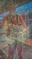 Abstract self-portrait layered with trees and Kandinsky-inspired textures.