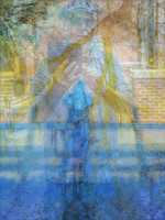 Abstract self-portrait reflected in blue water with golden textures.