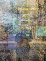 Photomontage self-portrait blending natural textures, rocks, water, and urban architecture.