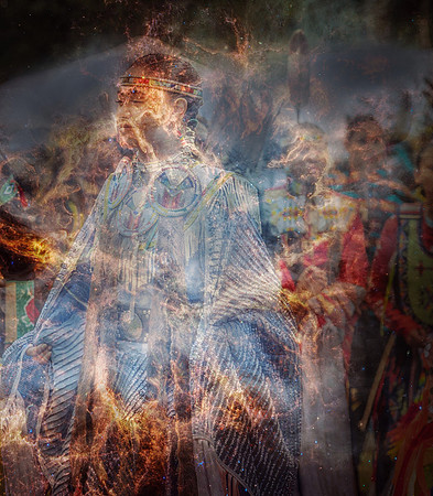 Native American dancer in blue regalia surrounded by luminous nebulae and stars in a layered fine art photomontage symbolizing spirituality, memory, and the cosmos.