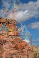 Native American figure blended with towering red sandstone cliffs beneath a blue sky with drifting clouds in a layered fine art photomontage exploring identity, memory, and landscape.
