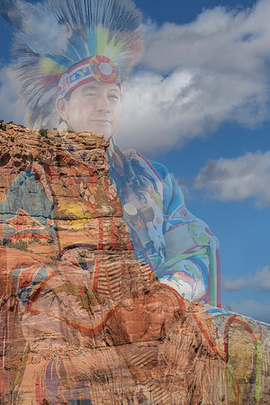 Native American figure blended with towering red sandstone cliffs beneath a blue sky with drifting clouds in a layered fine art photomontage exploring identity, memory, and landscape.