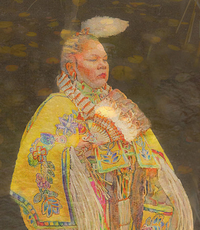 Native American dancer in yellow beadwork regalia blended with abstract light textures, expressing movement, culture, and identity