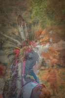A Native dancer in traditional regalia layered with autumn cypress foliage, symbolizing strength and heritage within nature’s seasonal rhythms.