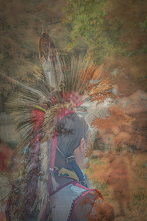 A Native dancer in traditional regalia layered with autumn cypress foliage, symbolizing strength and heritage within nature’s seasonal rhythms.