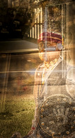 An elder in traditional Native dress overlaid with city streets and reflections, symbolizing tradition meeting modern crossroads.