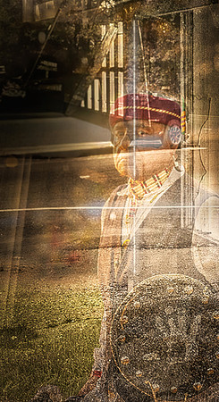 An elder in traditional Native dress overlaid with city streets and reflections, symbolizing tradition meeting modern crossroads.