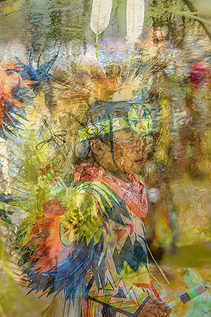 Young Native American dancer in colorful regalia surrounded by layered woodland textures and foliage in a fine art photomontage symbolizing cultural heritage, memory, and the enduring bond between peo